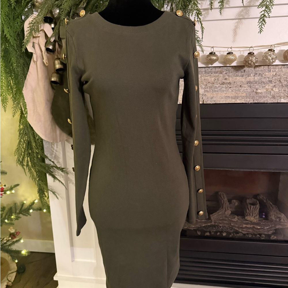 Express Olive Dress with Gold Button Details